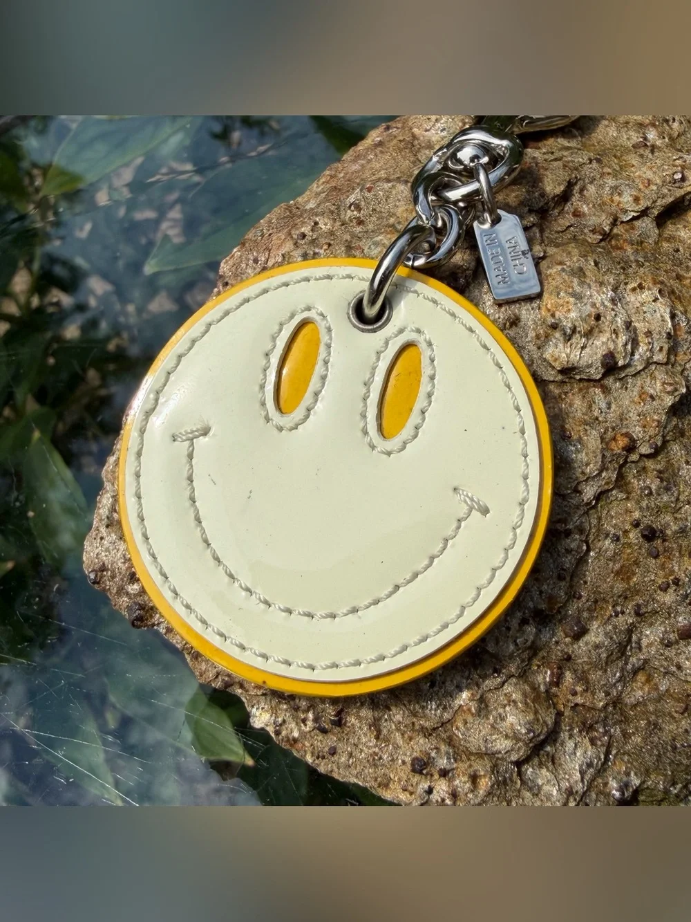 Vintage Coach Smiley Face Yellow & White Patent Leather Bag Charm Keychain